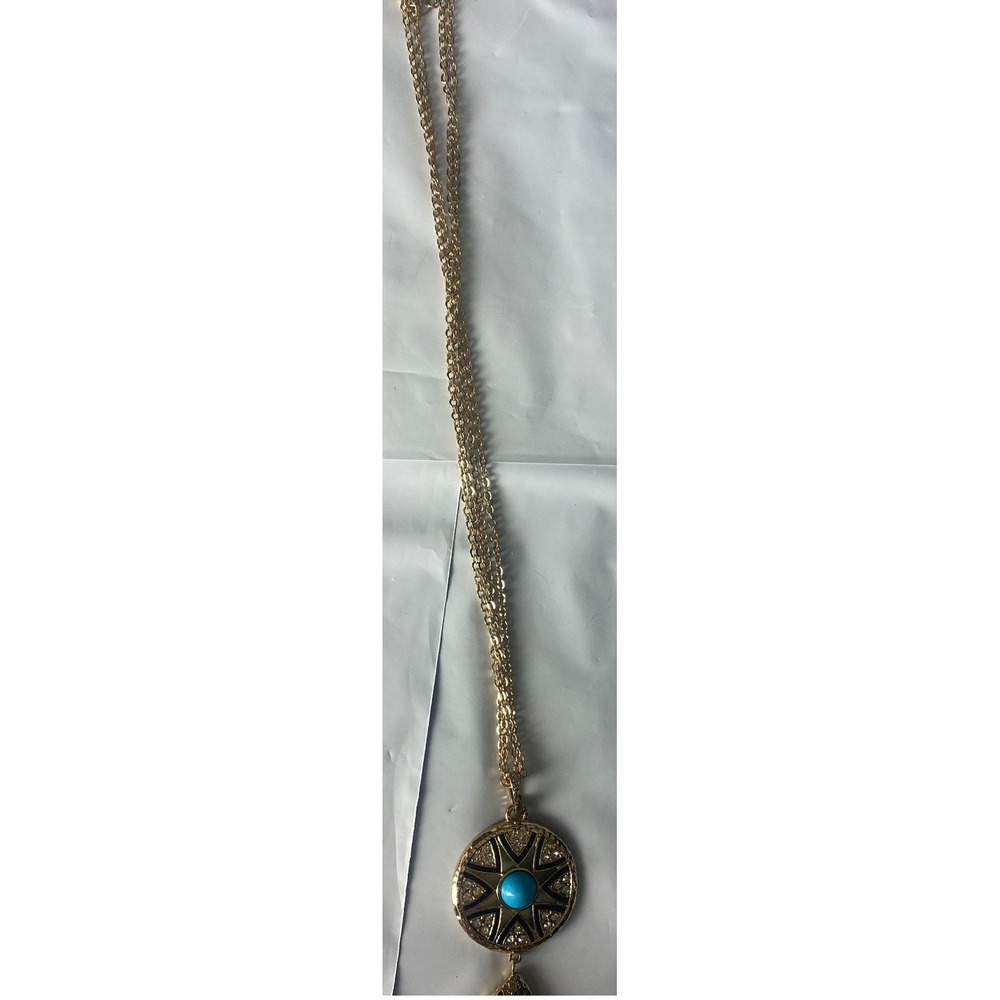 Gold Tone Round Pendant Necklace Blue Stone Rhinestones Chain
